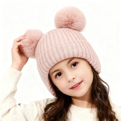 Kids Knitted Hat Dual Fur Ball Decor Ear Protection Warm Hat Solid Color Elastic Warm Windproof Hat Headwear