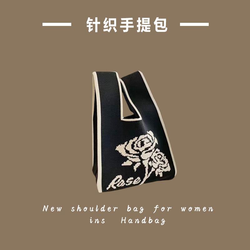 Ins Trendy Handbag Women'S Knitted Wool Bucket Bag Hand Carry Casual Tote Bag Box Lunch Bag