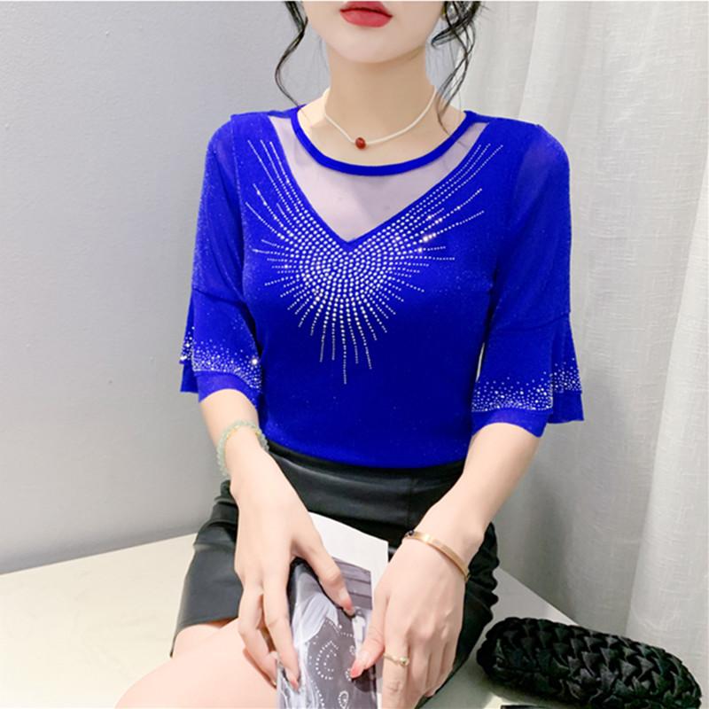 Summer New Women's Flare Sleeve T-shirt O-Neck Luxury Diamonds Tops High Quality Girl Shiny Mesh Tees