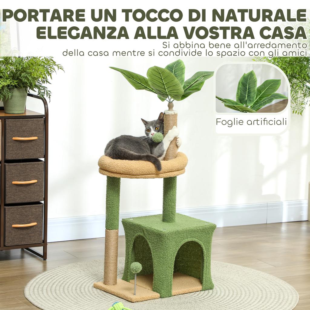 Cat Scratching Tree with House, Bed and 2 Balls, Made of Wood and Polyester, 44x30x98 cm, Green and Brown