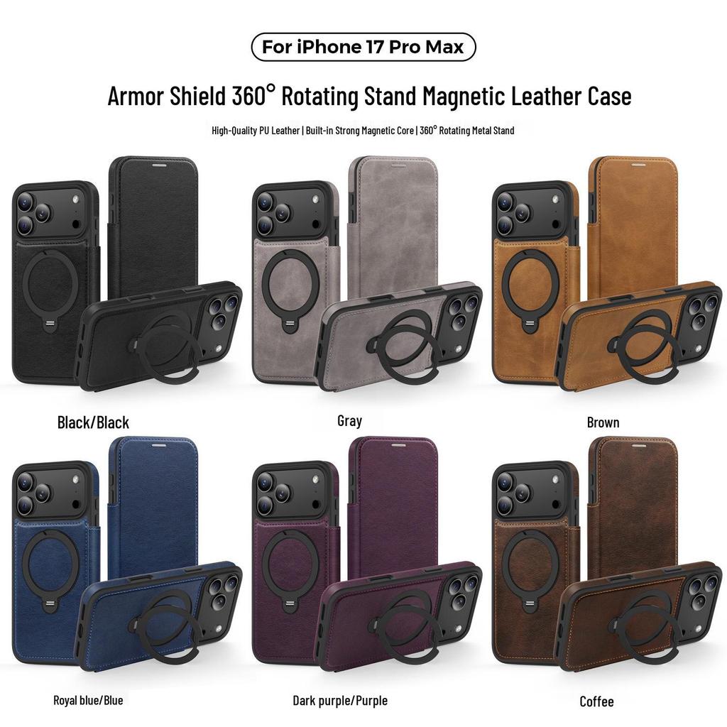 Apple iPhone 17 Pro Max/16/15 Pro Magnetic Flip Leather Case with Stand & Anti-Theft Brush