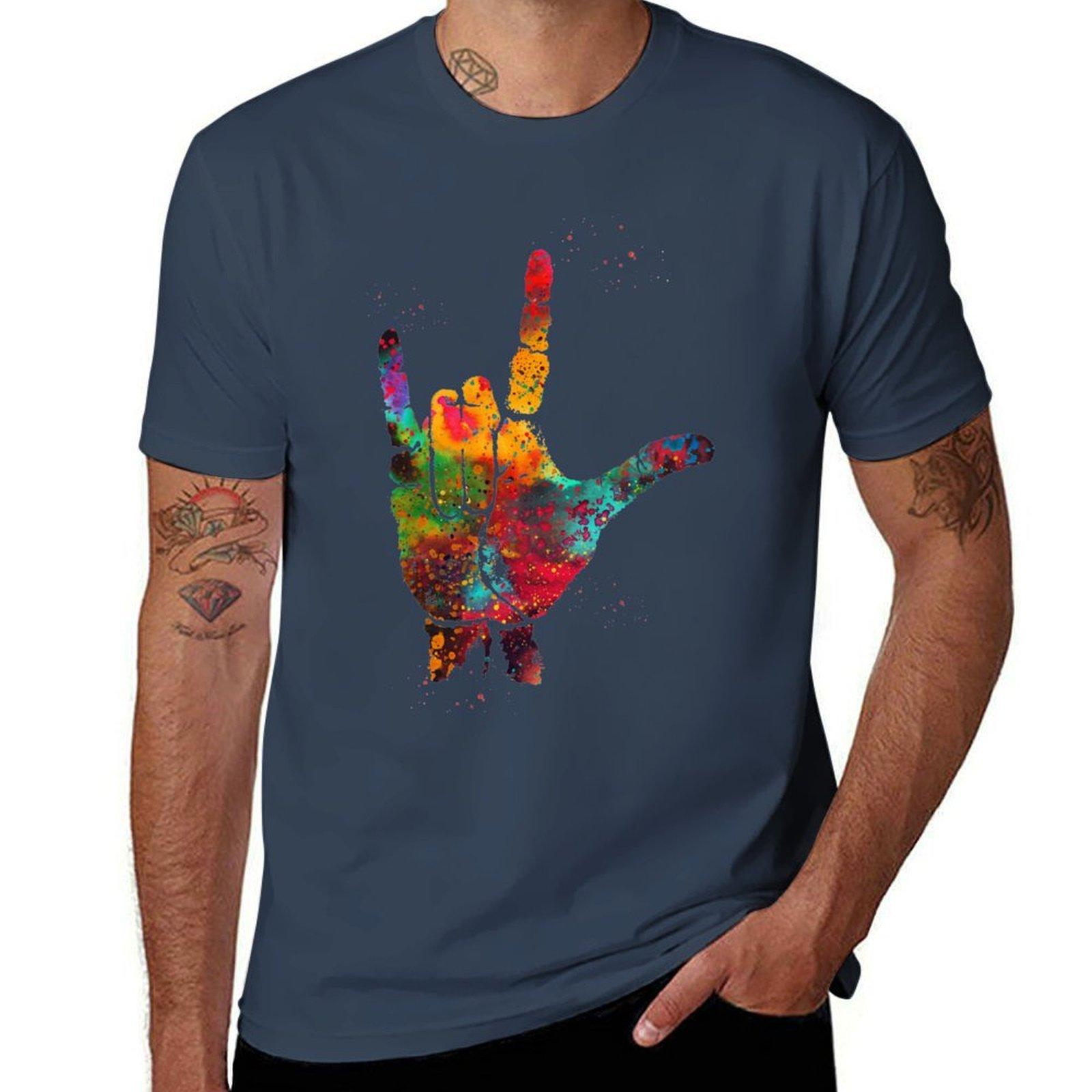 I Love You Asl Hand Print Tshirt Festival Casual Short Sleeve S