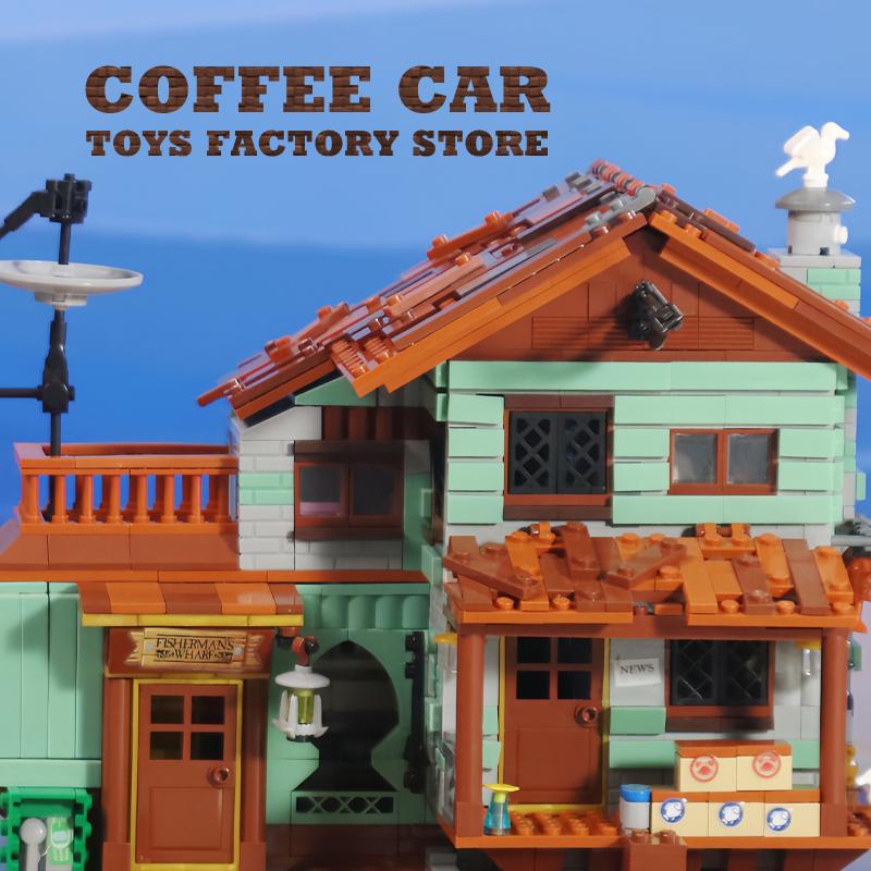 Fischerdorf Blockhaus Micro Bricks Modell Fischerladen Steine MOC Sets Stadtansicht Kai Gebäude Spielzeug Erwachsene Kinder Geschenke