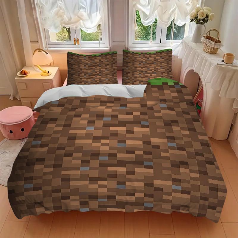 3pcs Minecraft Inspired Earthy Brown and Green Pixelated Patterned Bedding Set-Perfect for Home Decor, Bedroom, Living Room, Hotels, Gifts,