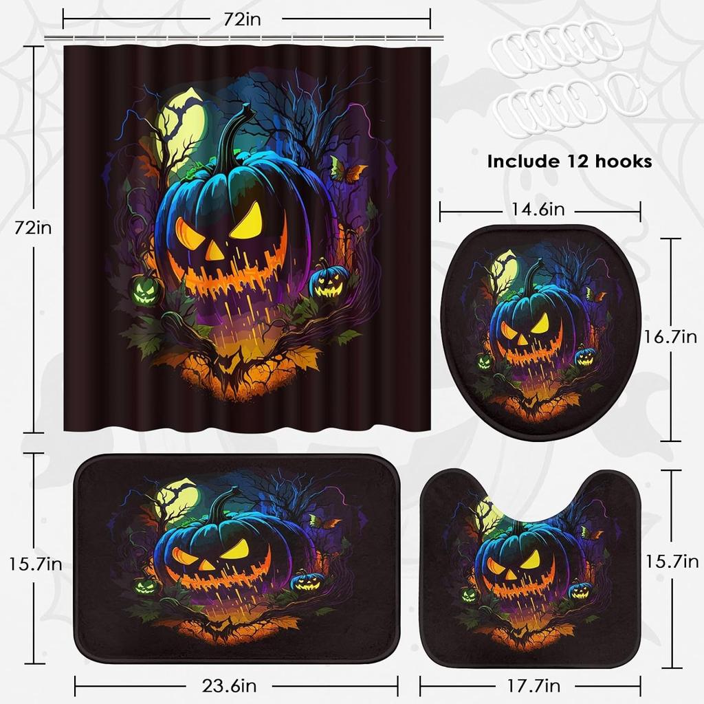 Halloween Shower Curtain Sets With Rugs Black Pumpkin Bathroom Set With Non-Slip Rug, Toilet Lid Cover, Bath Mat And 12 Hooks