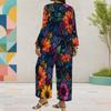 Damen Übergröße Bedrucktes Rundhals Langarm Lagen-Oberteil Weit geschnittene Cropped Hose Zweiteiliges Set