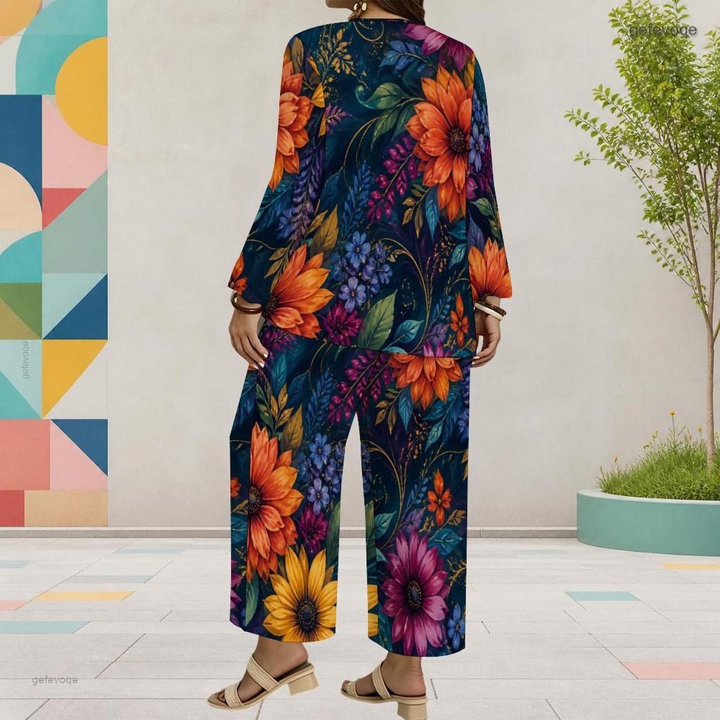 Damen Übergröße Bedrucktes Rundhals Langarm Lagen-Oberteil Weit geschnittene Cropped Hose Zweiteiliges Set