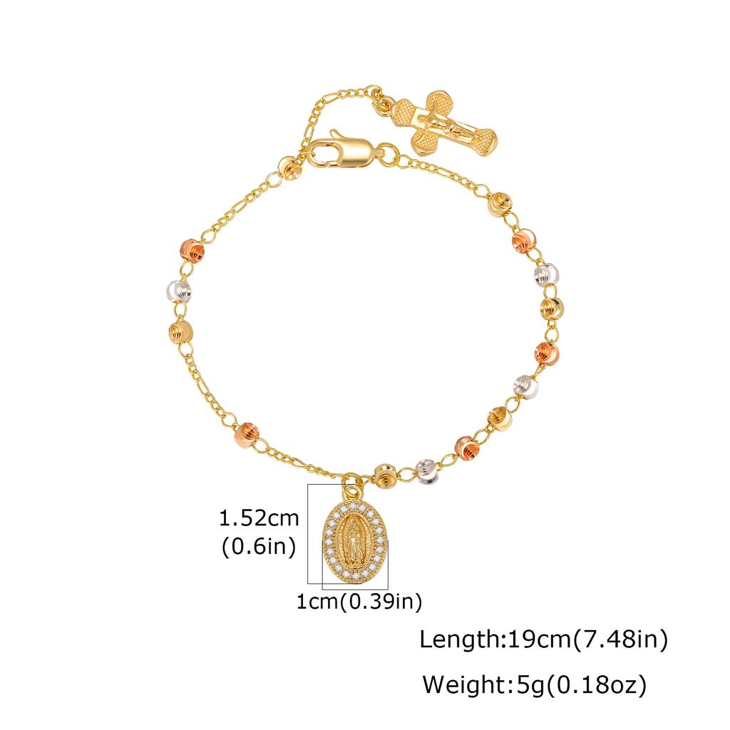 Luxury Retro Virgin Mary Tri-color Bead Cross Bracelet for Women, Adjustable Chain Jesus Pendant Bracelet, Religious Jewelry