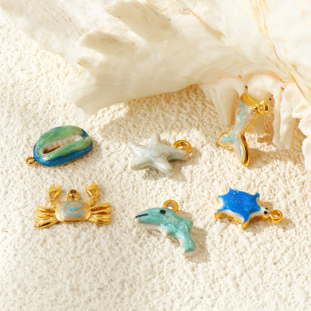 2Pcs 304 Stainless Steel Ocean Jewelry Charms Pearlescent Enamel Whale Turtle Starfish Crab 18K Gold Plated Pendant DIY Necklace