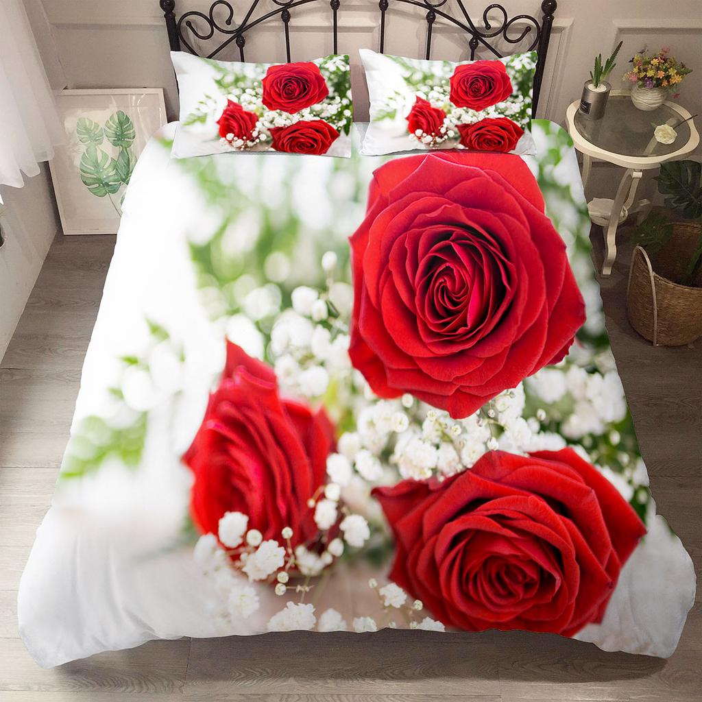Red Rose King Queen Duvet Cover Romantic Flower Bedding Set Valentine's Day Quilt Cover Couples Floral Polyester Comforter Cover