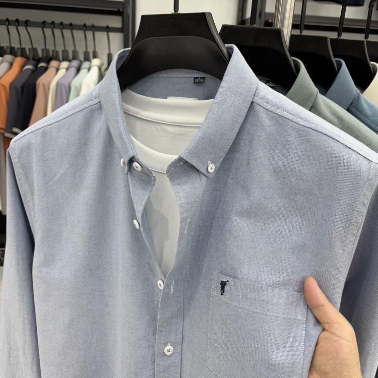 

Мужская высококачественная вышитая рубашка с длинным рукавом однотонная с карманами на весну и осень - деловая повседневная и универсальная Large