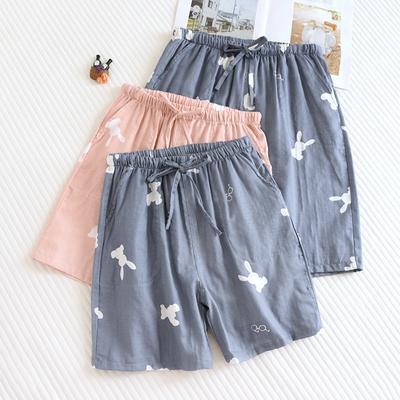 Summer New Japanese 100% Cotton Double Layer Tulle Shorts Women's Home Wear Pajama Pants Thin Section Cute Rabbit Home Pants