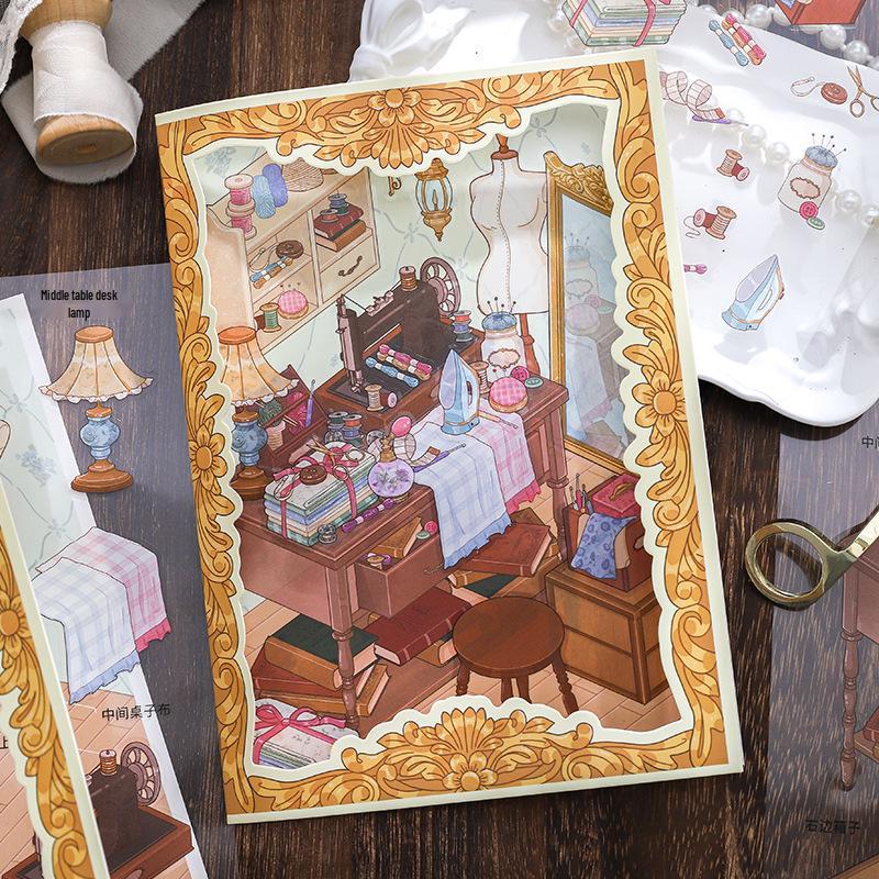 Retro Desk Scenery Stickers: 4 Sheets of DIY Paper-like PET Illustrations