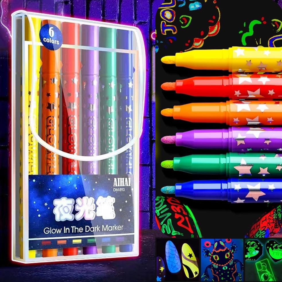 6-Piece Set of Colorful Night-Glow Highlighter Pens, Illuminate Your Dark Creations!