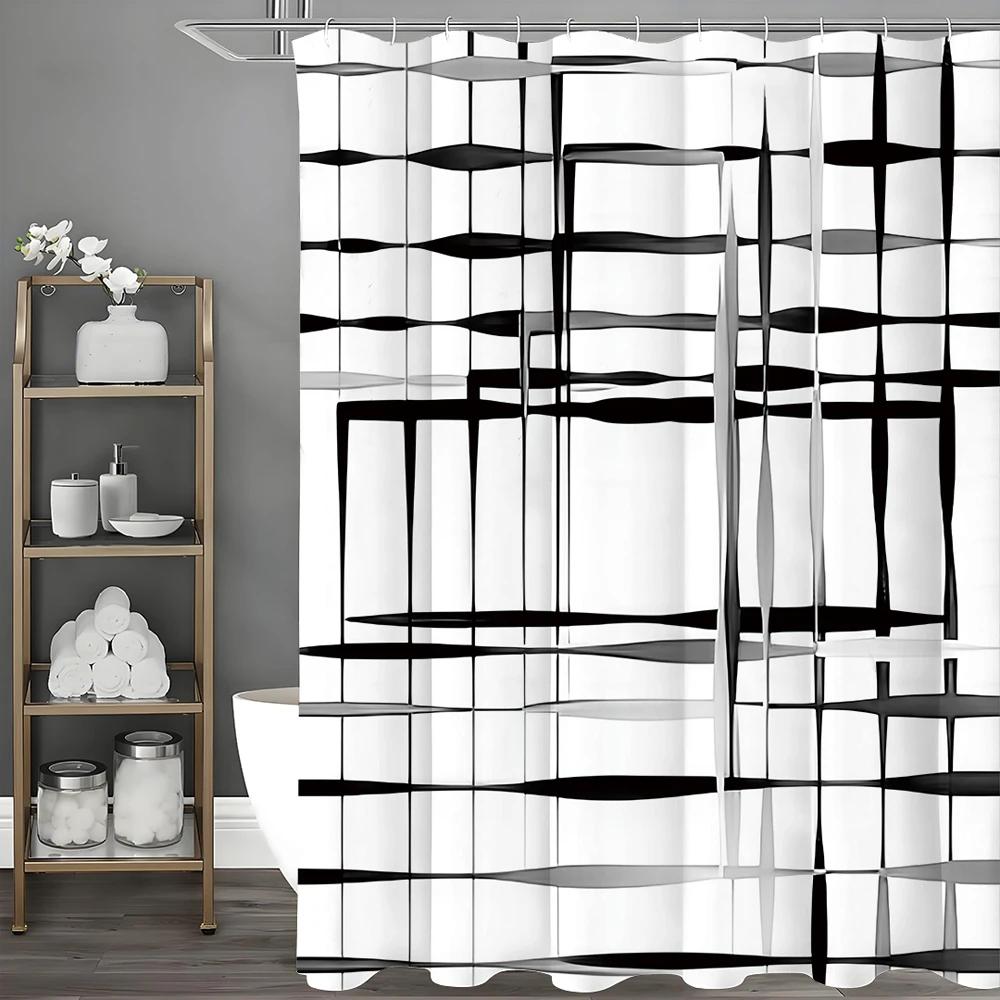 Modern Geometric Line Abstract Minimalist Shower Curtain, Bathroom Decorative Shower Curtain, Waterproof Shower Curtain with Hoo