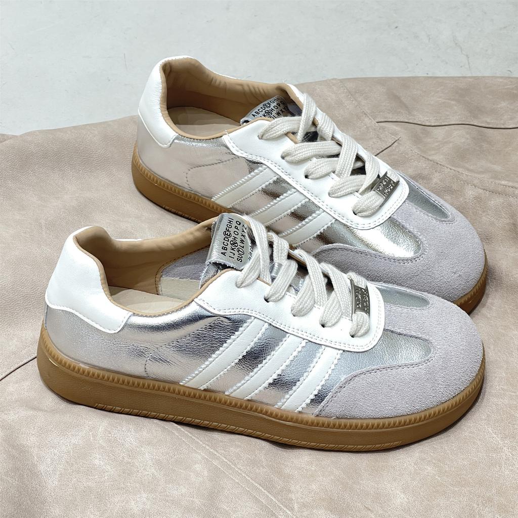 Spring  New Korean Style Flat Casual White Shoes Color Matching German Training Three Bars Genuine Leather German Training Female White