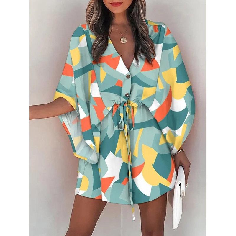 2026 Frühling Damen V-Ausschnitt Fledermausärmel Tropischer Print Kordelzug Taille Mini Strandkleid Urlaubs Überwurf Kurzes Kleid