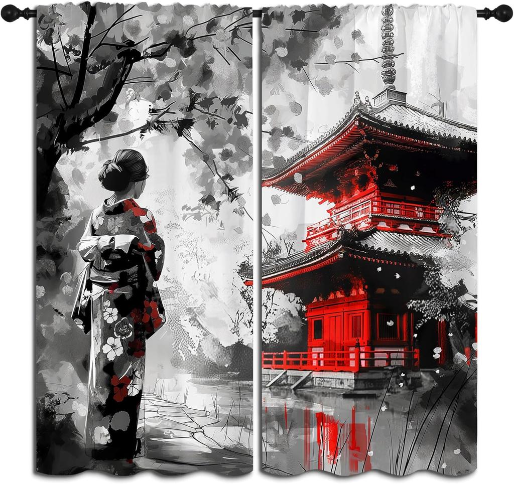 Modern Anime Curtains Boys Girl Bedroom Decor Japanese Cherry Blossom Female Samurai Thermal Insulated Curtain Blackout For Sleeping Area Polyester