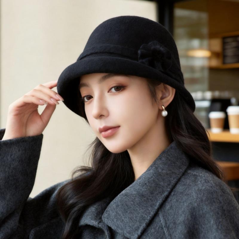 Autumn and winter new wool basin hat femininity elegant and versatile, small face thickened warm woolen bucket hat spot