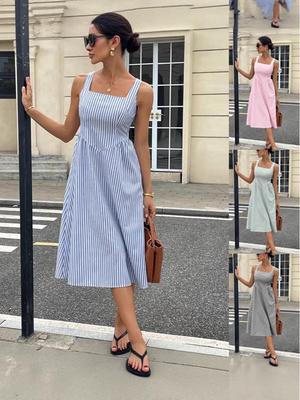 2026 Casual French Stripe Color-block Square Neck Maxi Dress with Spaghetti Straps