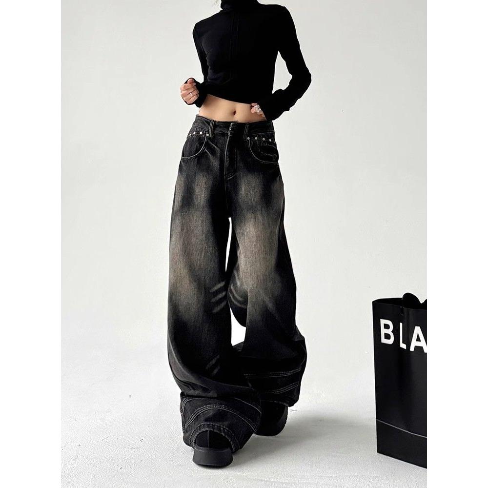 Blugi vintage negri cu picior lat pentru femei, supradimensionați, de moda coreeană, pantaloni largi din denim, Y2k, hip hop pentru femei