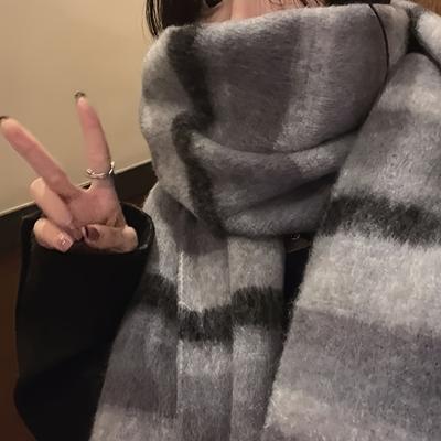 Trendy Striped Chunky Scarf On Fringe Thick Coldproof Plaid Large Scarves Classic Windproof Shawl For Women Autumn & Winter