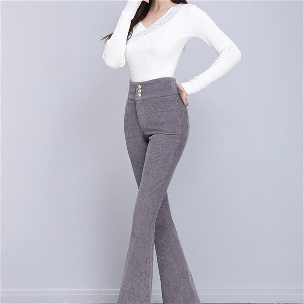 Podzim Zima Móda Korejský Korejský styl Manšestrové Zvonové Kalhoty Dámské Elegantní Knoflíkové Provedení Elastický Vysoký Pas Skinny Kalhoty