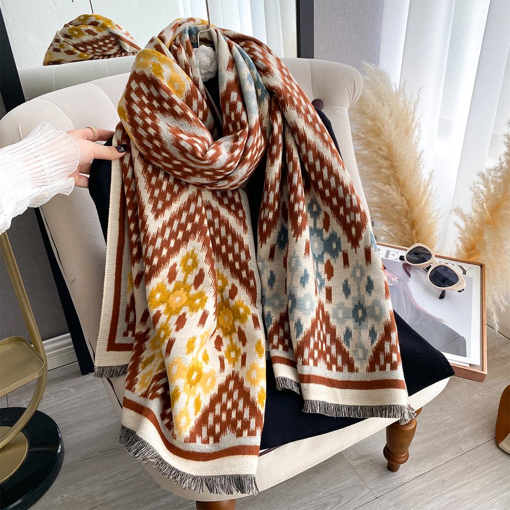 Women New Two Sided Print Imitation Cashmere Scarf Soft Warm Pashmina Shawl Autumn Winter Coldproof Windproof Blanket
