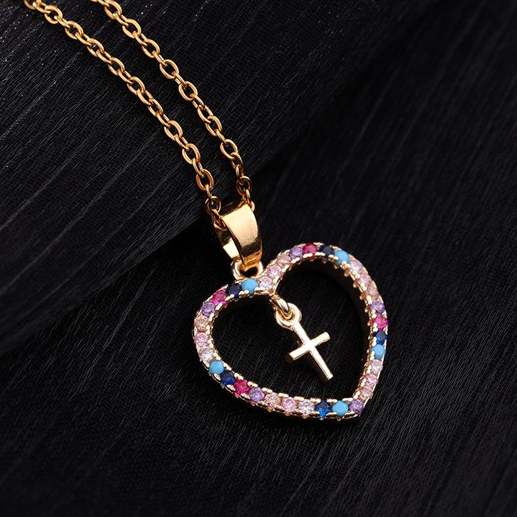 Micro-Set Colorful Zirconia Geometric Cross Pendant Necklace With Heart Charm Fashion Love Jewelry