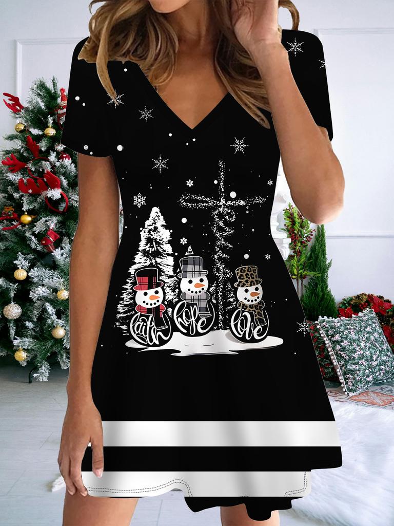 Fashion Women's V Neck Short Sleeve Christmas Snowman Printed  Dress Sex Short Skirt Dresses