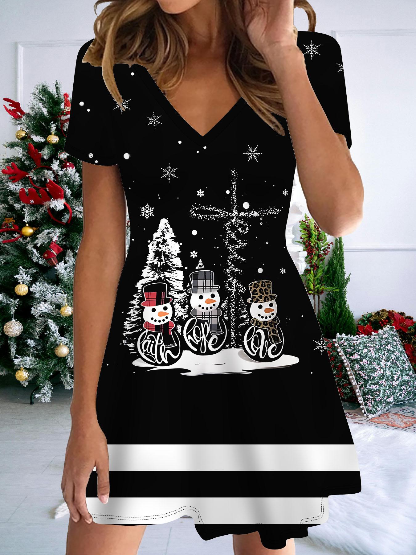 

Модное женское платье с V-образным вырезом, короткими рукавами и принтом рождественского снеговика, сексуальное, короткое, платья M чёрный