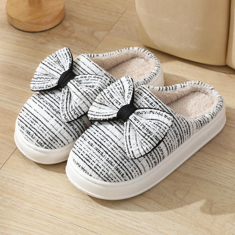 

Lucyever милые хлопковые тапочки с бантом женские зимние домашние сохраняющие тепло толстые подошвы женские нескользящие тапочки на платформе домашняя обувь женская 36-37