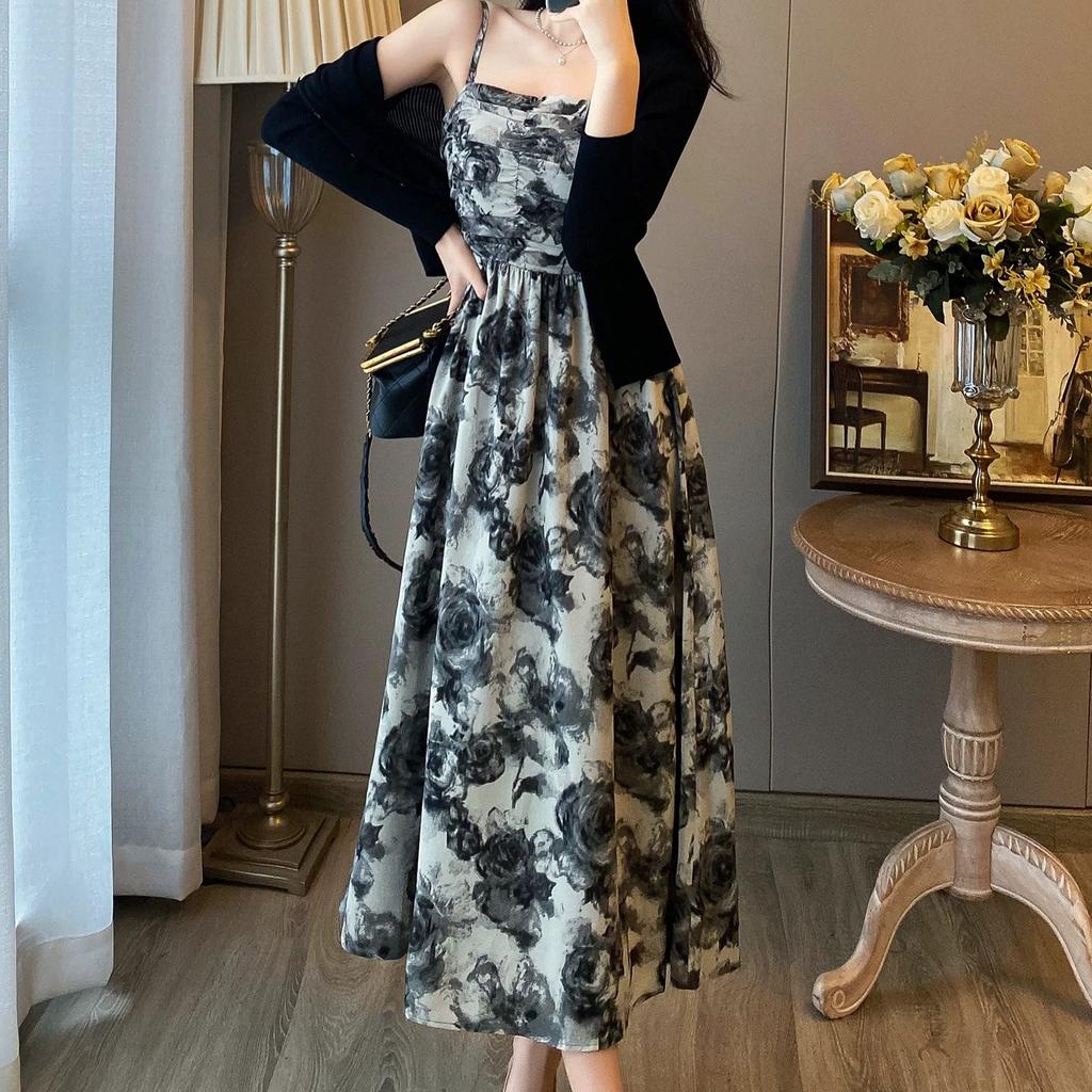 Ink Painting Retro Small Floral Tube Top Suspender Skirt Women's Clothing Summer New Product Waist Design Sense Fashion Temperament Long Dress