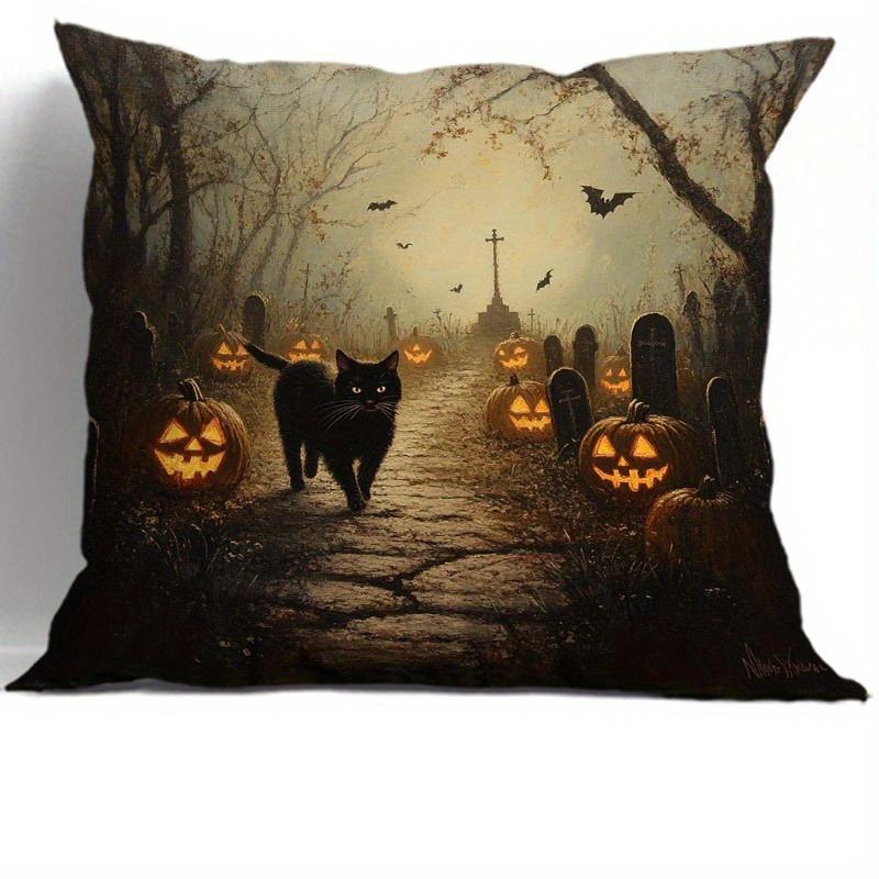 

Наволочки на тему Хэллоуина: Чехол на подушку для дивана «Черные кошки и кладбищенские сцены, светящиеся тыквами», праздничное украшение для вечеринки, подарок 16x16Inch