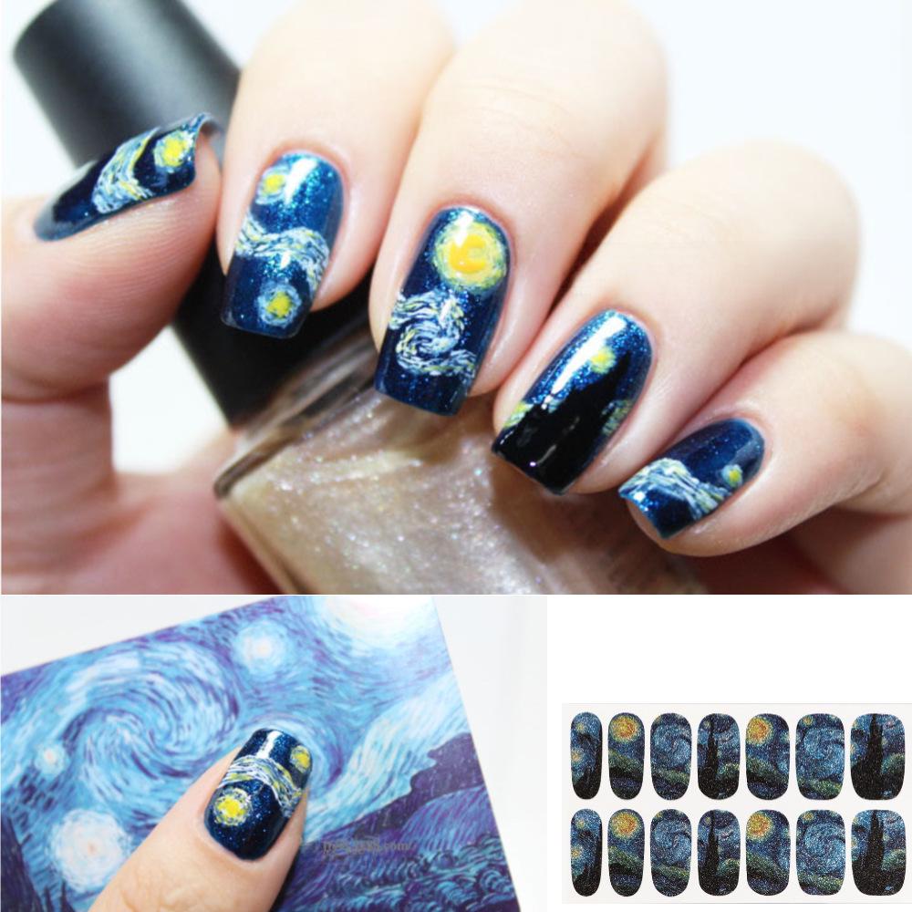 Van Gogh Starry Sky Nail Stickers - Glitter & Full Coverage, Culturally Creative Design from China
