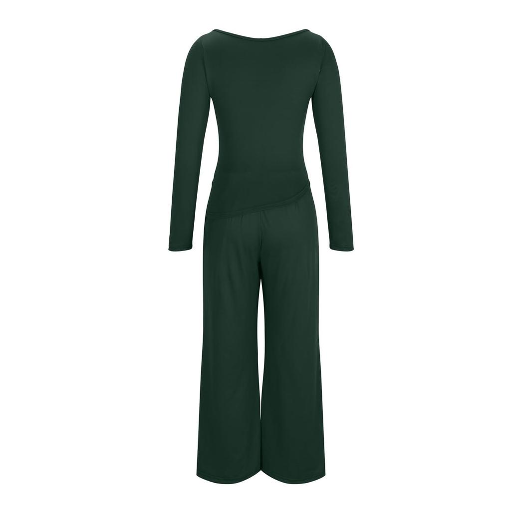 Women's Fashion Color Long Sleeve Casual Wide Leg Pants Two Piece Set