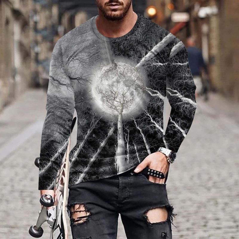 Spring and Autumn Round Neck 3D Scenic Moonlit Forest Pattern Printed Top Fashionable Casual Long Sleeved Men's T-shirts