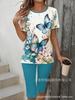 Gradual change/flower printing casual suit, round neck short sleeves + cropped pants for home and out