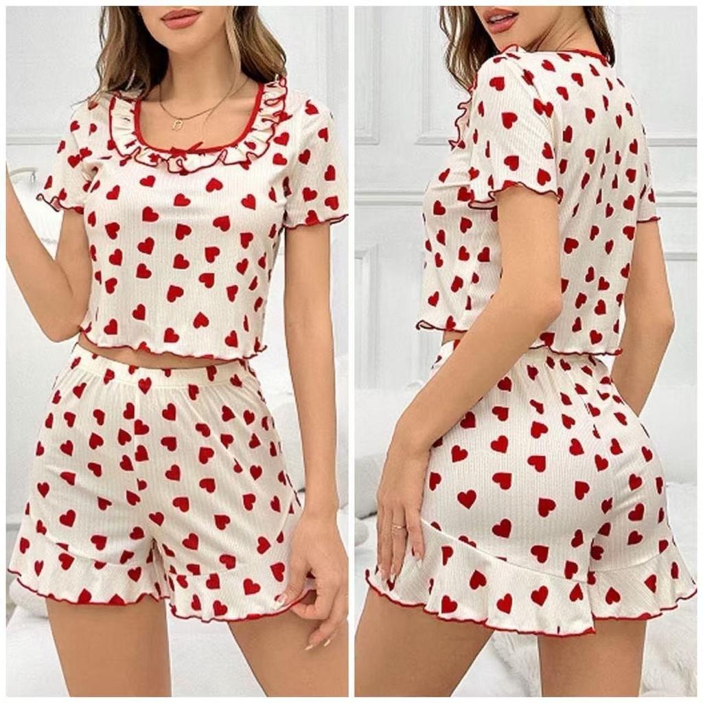 European Summer Heart Print Ruffled Pajama Set: Sweet Short Sleeve Women's Home Wear
