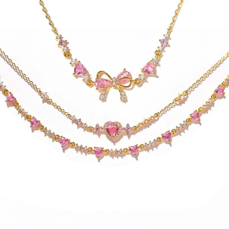 Y2K Pink Zircon Bowknot Love Heart Chain Bracelets For Women Exquisite Shiny Crystal Adjustable Bracelets Birthday Jewelry Gift