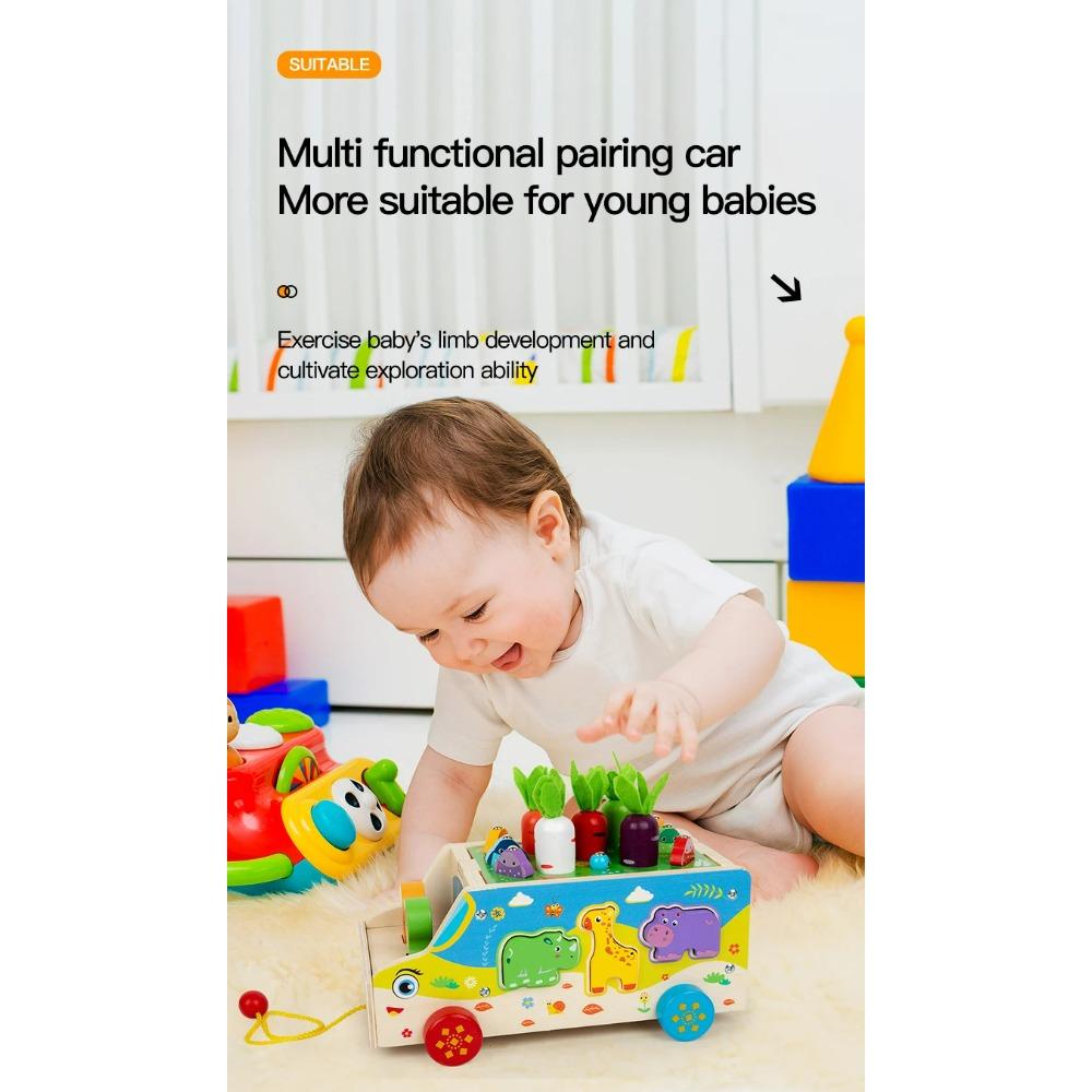 Children's Wooden Multi Functional Animal Shape Matching Toy Puzzle Pulling Carrot Game Baby Fishing Cart Building Blocks