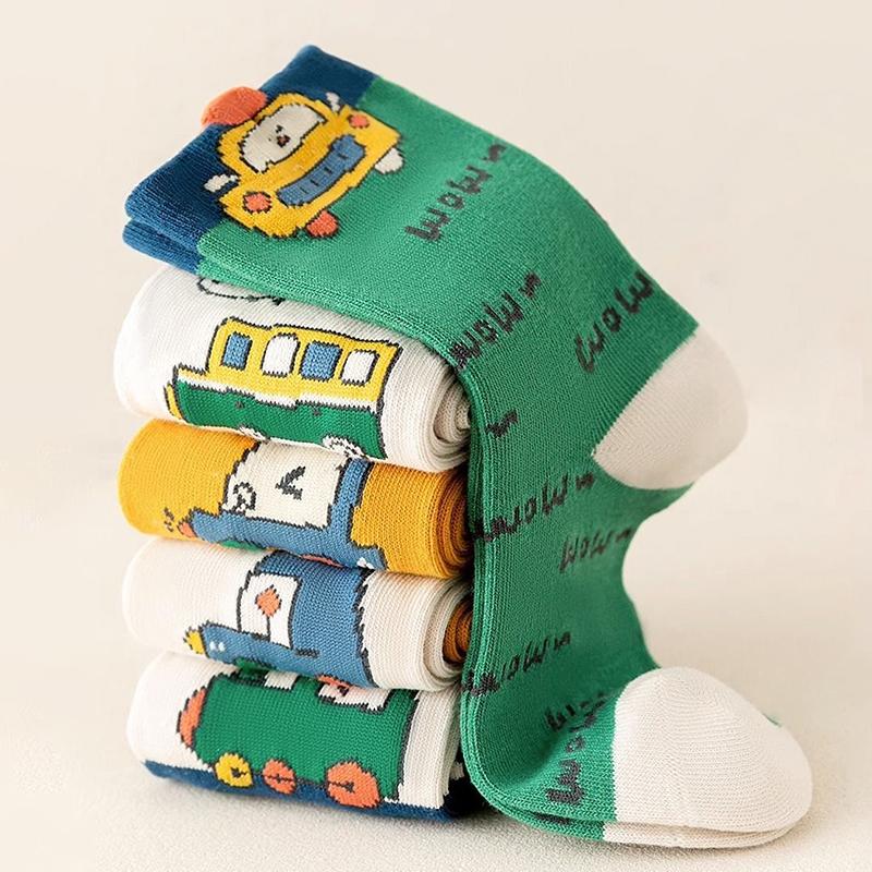 5 Pairs Kids Cartoon Car Mid Tube Socks Autumn Winter Cotton Warm Sport Socks For Boys Baby Children Footwear Age 1-12