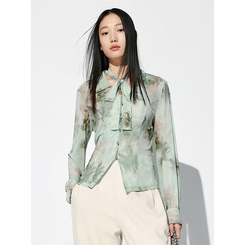 PEACEBIRD Women s Detachable Tie Long Sleeve Mesh Shirt M