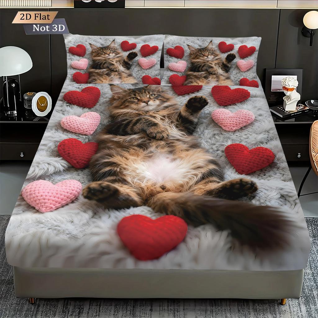 3pcs Valentine's Day Romantic Love Cute Cat Printed Chipless Bed Sheet Set Multi Size Bedroom Bed Cover Holiday Decoration