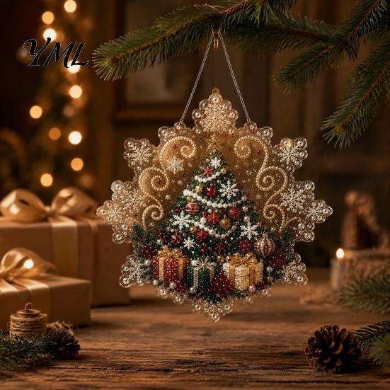 Christmas Tree Hanging Ornaments Acrylic Pendant with Metal Chain, Double-sided Printed 2D Snowflake Romantic Winter Seasonal Decorations Pendant,