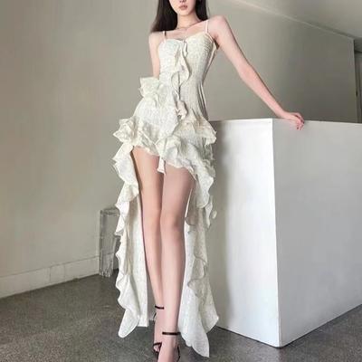 Summer Streetwear Printing Vintage Dresses Grunge Y2k Aesthetic Ruffled Slim Harajuku Women Irregular Dress