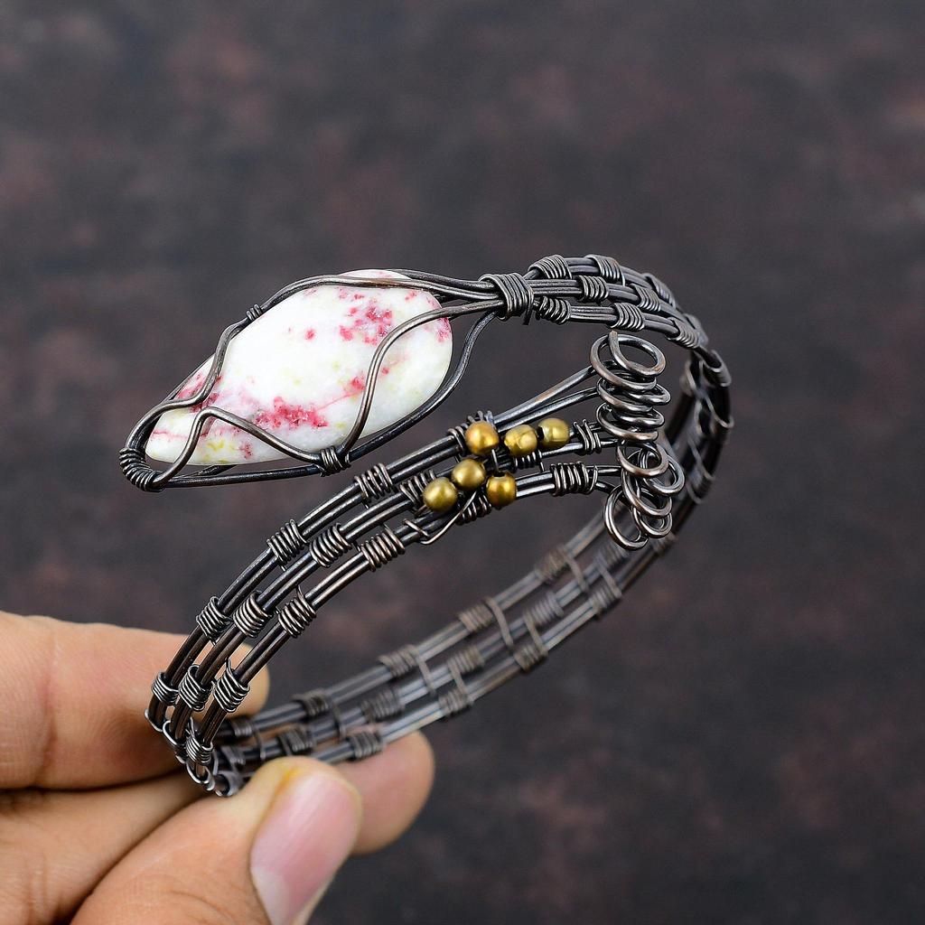 Brățară Manșetă Cinabru, Brățară Manșetă Înfășurată cu Sârmă de Cupru, Bijuterii cu Pietre Prețioase, Brățară Manșetă Ajustabilă, Manșetă Făcută Manual, Bijuterii din Sârmă de Cupru, Cadou Pentru Mamă