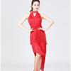 Glittering Latin Dance Dress Asymmetrical Sequins Fringe Performances Costume Breathable Polyester Stage Outfit