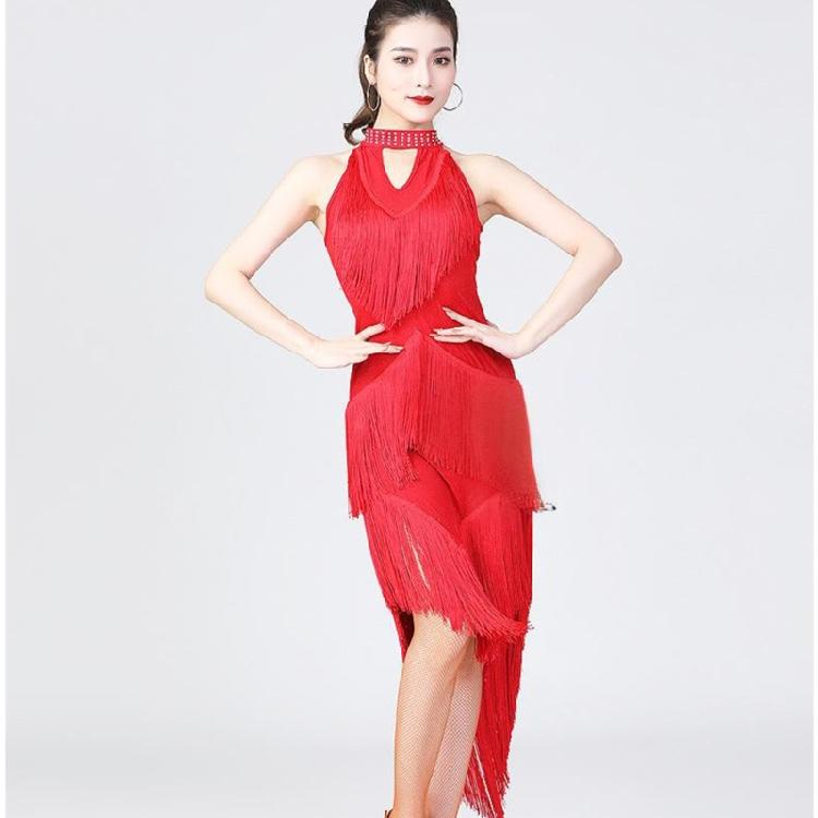 Glittering Latin Dance Dress Asymmetrical Sequins Fringe Performances Costume Breathable Polyester Stage Outfit