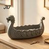 Resin Entryway Key Tray Dragon Boat Storage Case, Decorative Space Saving Desktop Jewelry Bowl Organizer, Matte Finish Sculpture for Home Office